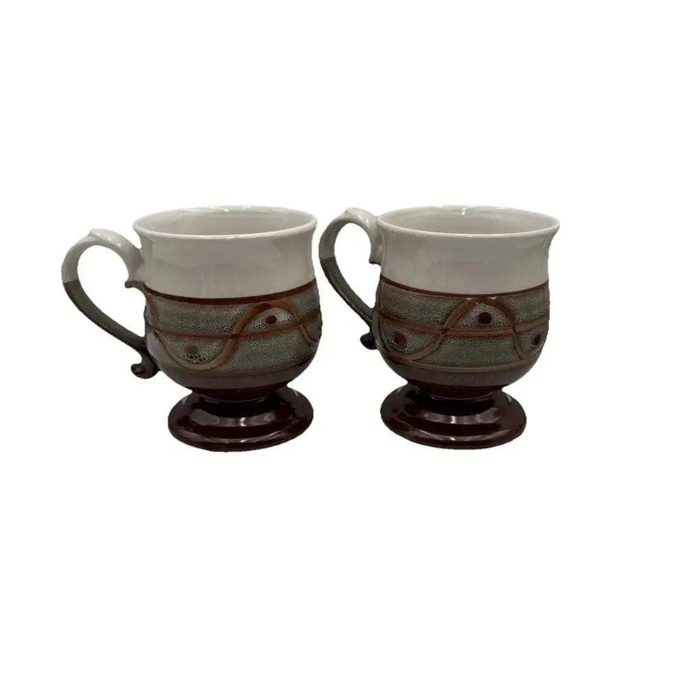 2 Vtg Stoneware Pottery Glaze Footed Brown & Greenish Gray Studio Clay Mugs Read
